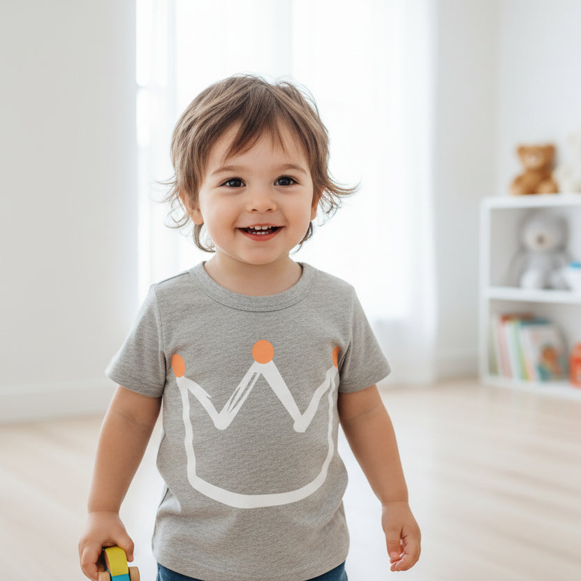 Gray t-shirt with a white crown design on a white background