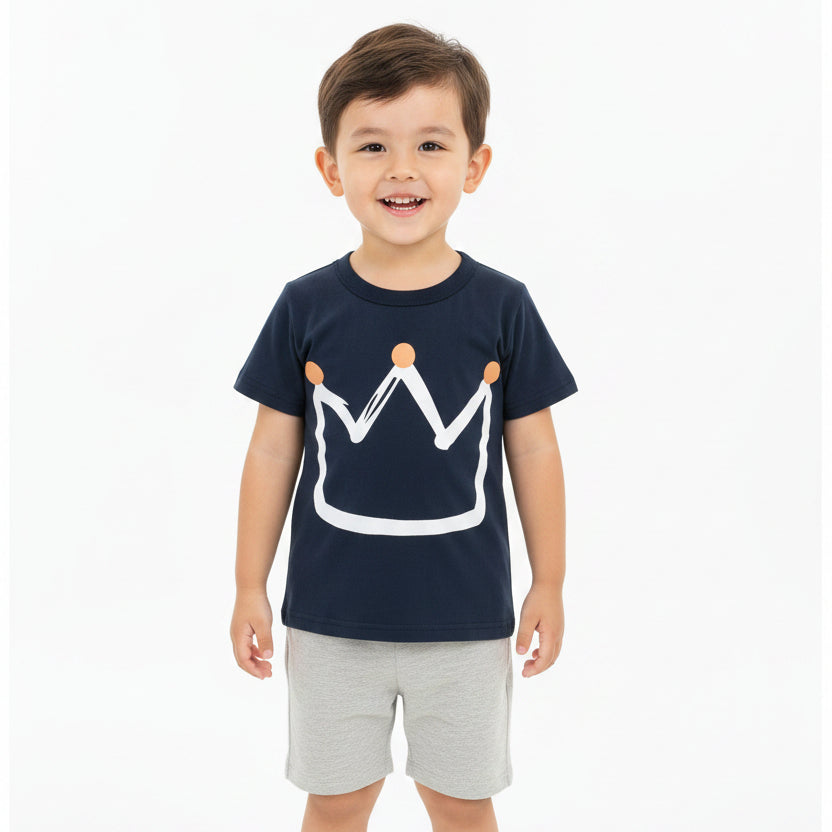 Navy blue t-shirt with a white crown design on a white background