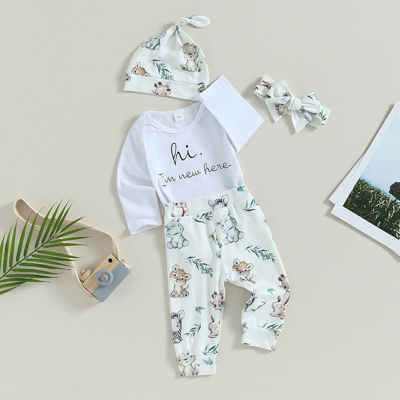 Children's Baby Letter Long-sleeve Jumpsuit Trousers Hat Hair Band Four-piece Set