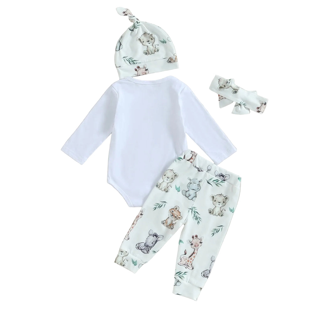 Children's Baby Letter Long-sleeve Jumpsuit Trousers Hat Hair Band Four-piece Set