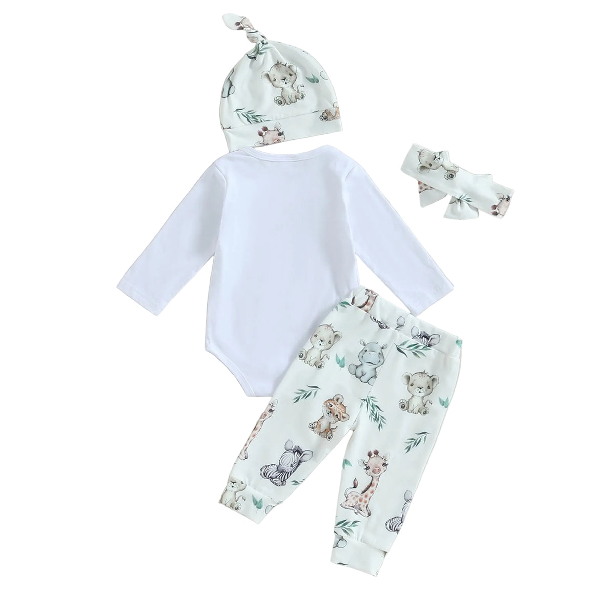 Children's Baby Letter Long-sleeve Jumpsuit Trousers Hat Hair Band Four-piece Set