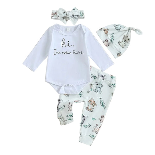 Children's Baby Letter Long-sleeve Jumpsuit Trousers Hat Hair Band Four-piece Set