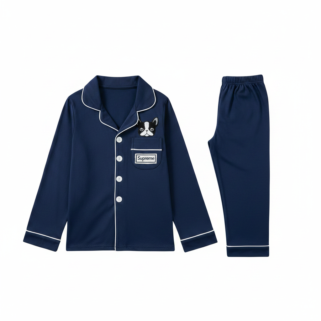 A two-piece navy blue pajama set on a plain white background, featuring a long-sleeve button-front top with white piping, a dog graphic on the chest pocket, and matching pants.