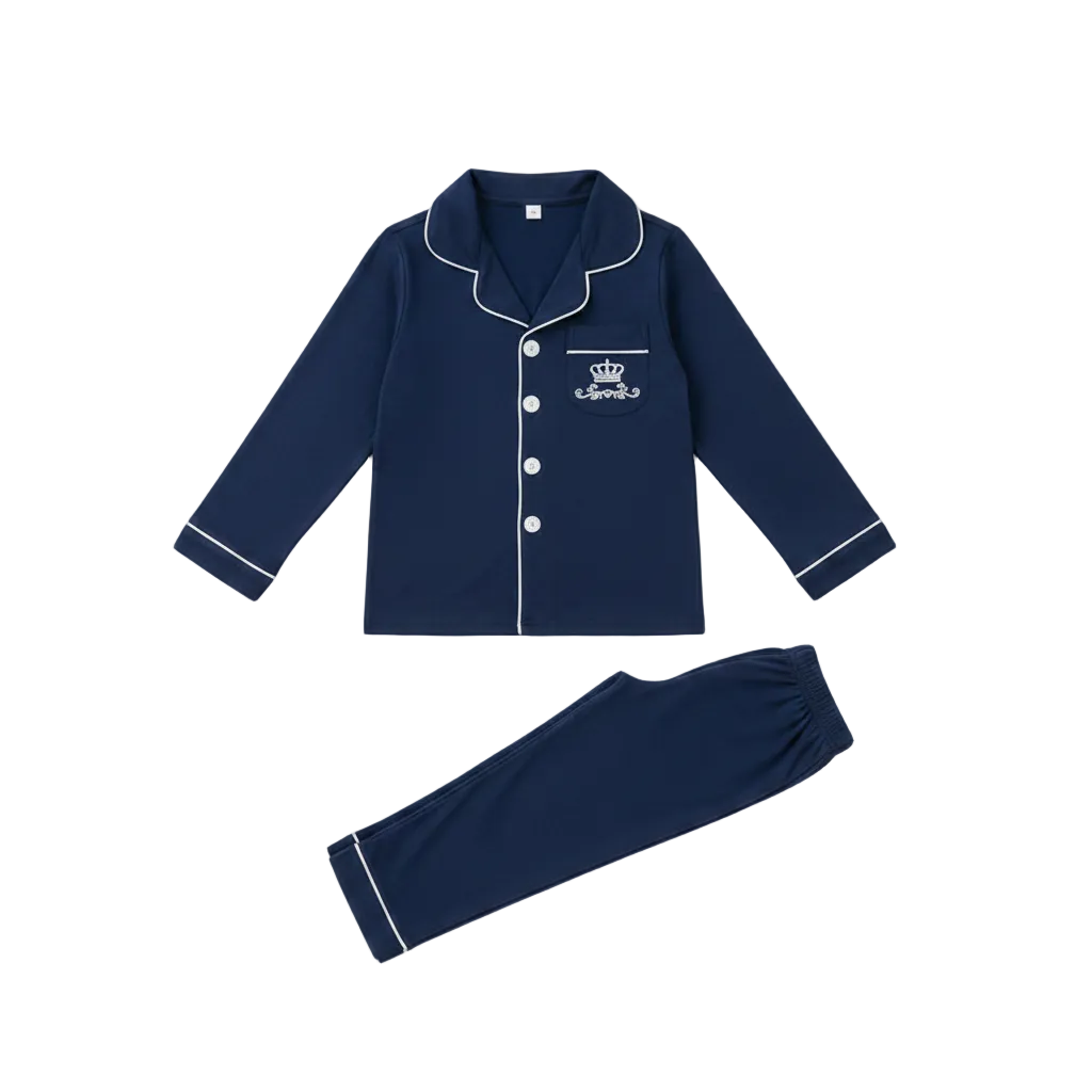 A two-piece navy blue pajama set with white piping and white buttons, featuring a long-sleeve button-front top with a chest pocket and embroidered crown logo, paired with matching pants, shown on a plain white background.