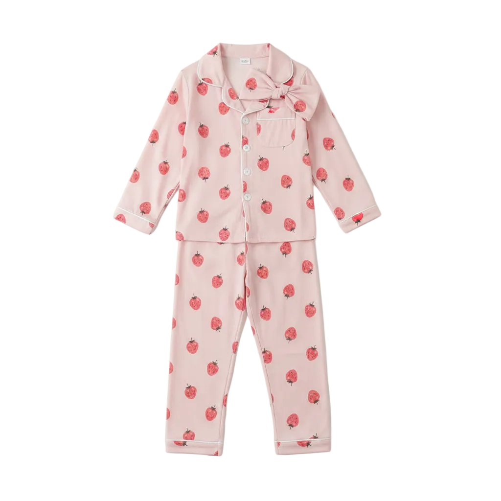 A two-piece girls' pajama set in light pink, featuring an all-over strawberry print. The set includes a long-sleeve button-front top with a matching bow at the collar and coordinating pants, laid flat on a light gray background.