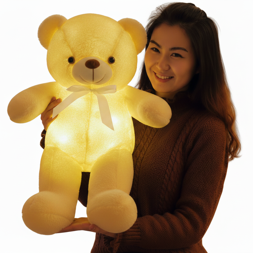 A smiling woman in a brown knit sweater holds a large glowing teddy bear against a plain white background. The teddy bear is illuminated from within, casting a warm yellow light, and has a white bow around its neck.