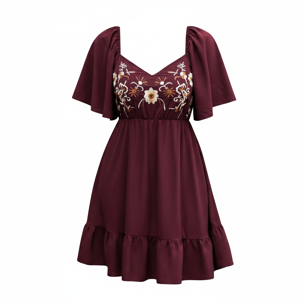 A women's short dress in deep burgundy with a V-neckline, puff sleeves, and floral embroidery across the bodice. The skirt is flared with ruffled trim at the hem, shown against a plain white background.