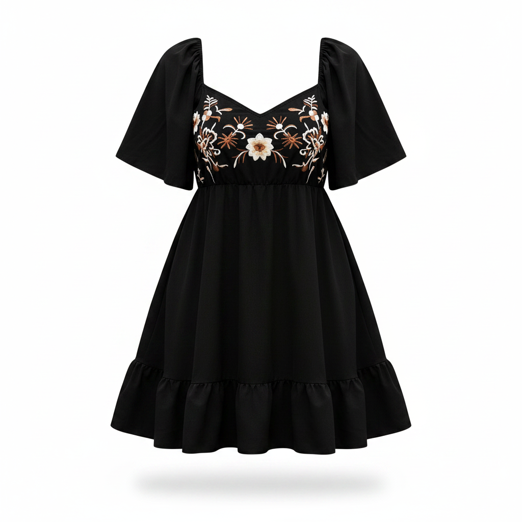 A black short puff-sleeve dress with a V-neckline and embroidered floral bodice, shown on a clean white background.