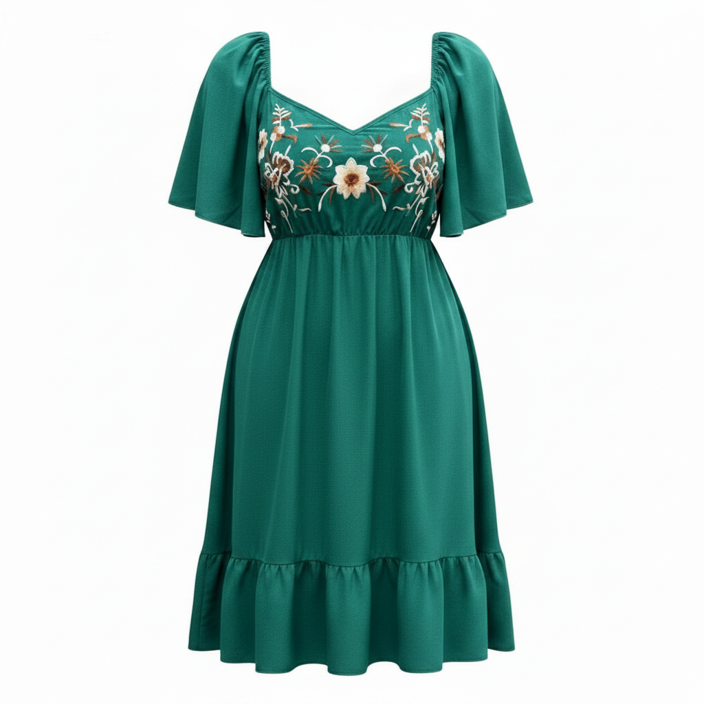 A green midi dress with puff sleeves, a V-neckline, and floral embroidery on the bodice, shown against a plain white background.