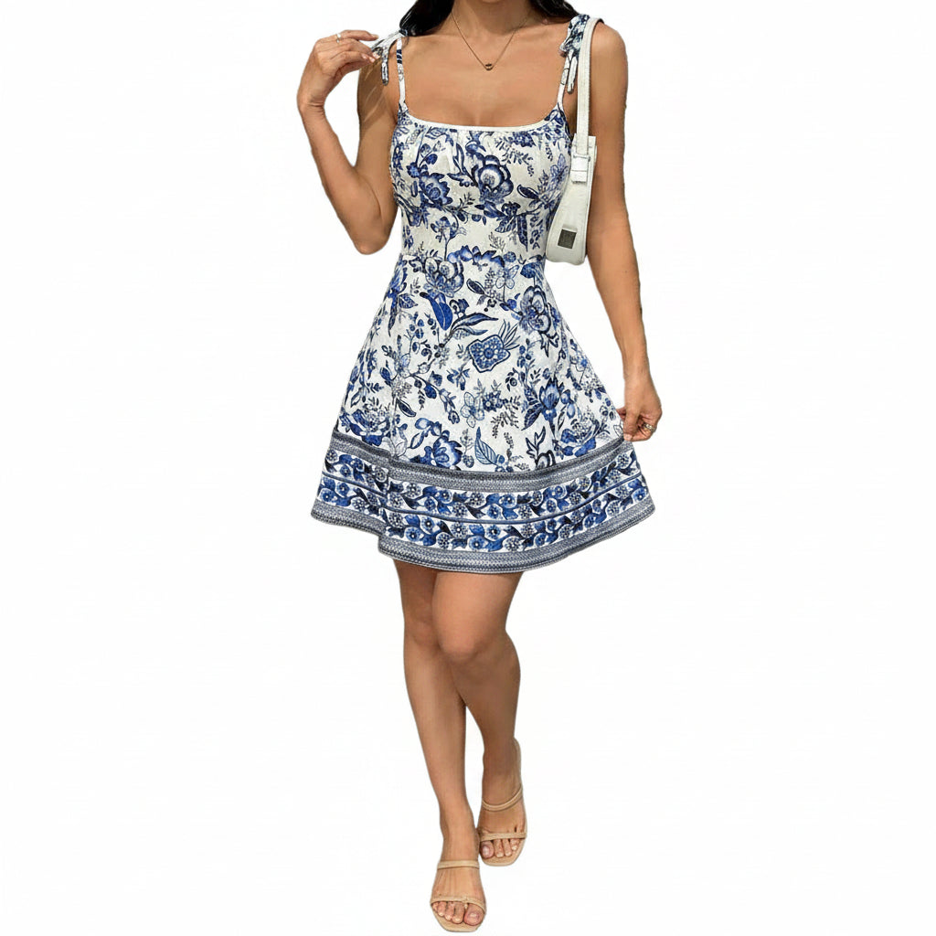 Floral Print Dress Summer Sweet A- Line Waist Trimming Dresses Women's Slimming Casual Clothing