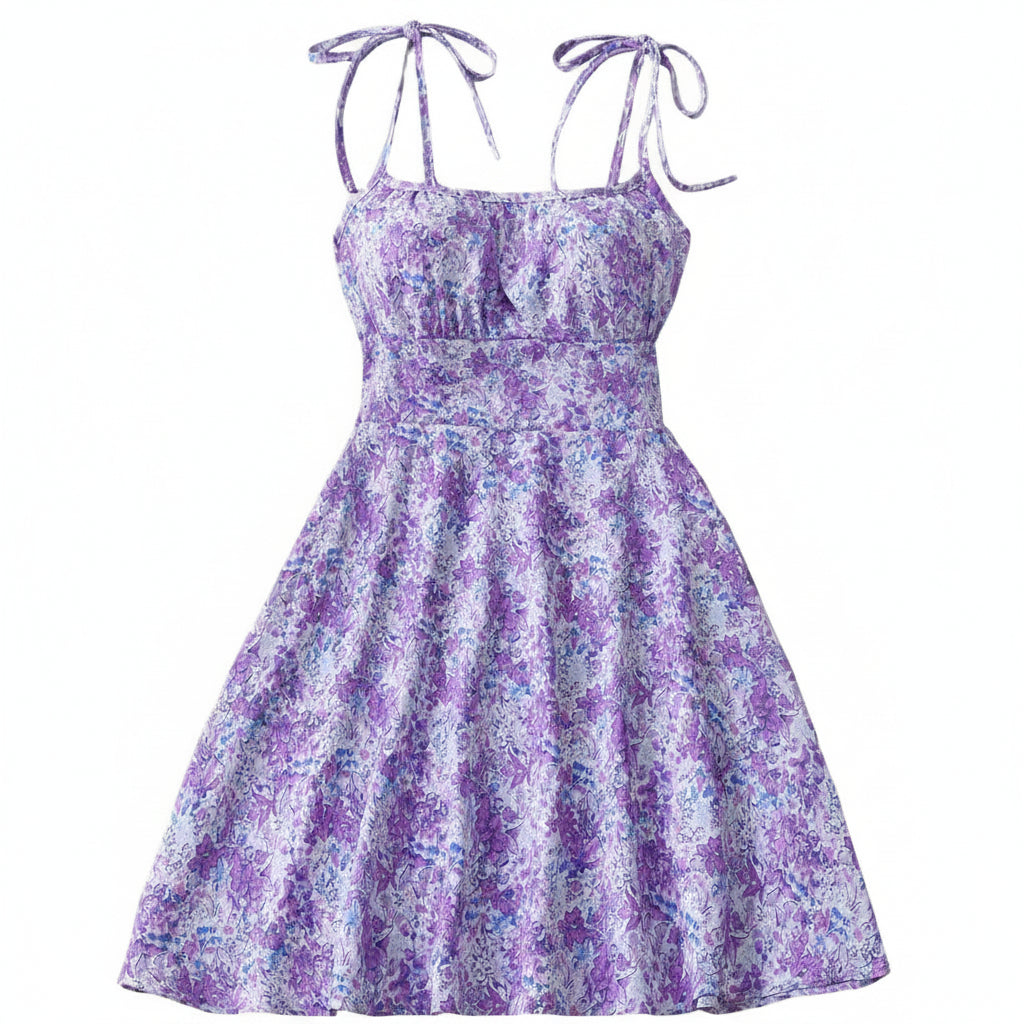 Floral Print Dress Summer Sweet A- Line Waist Trimming Dresses Women's Slimming Casual Clothing