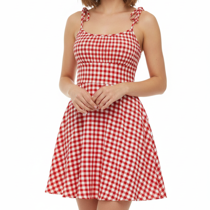 A woman modeling a red and white gingham mini dress with ruffled shoulder straps against a plain white background.