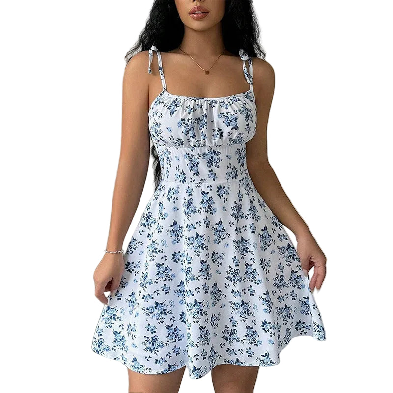 Floral Print Dress Summer Sweet A- Line Waist Trimming Dresses Women's Slimming Casual Clothing