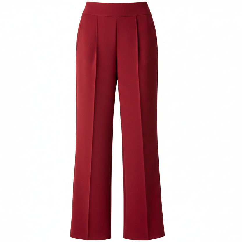 A pair of high-waisted, wide-leg trousers in a deep burgundy red, featuring a clean silhouette with subtle front pleats, shown against a plain white background.
