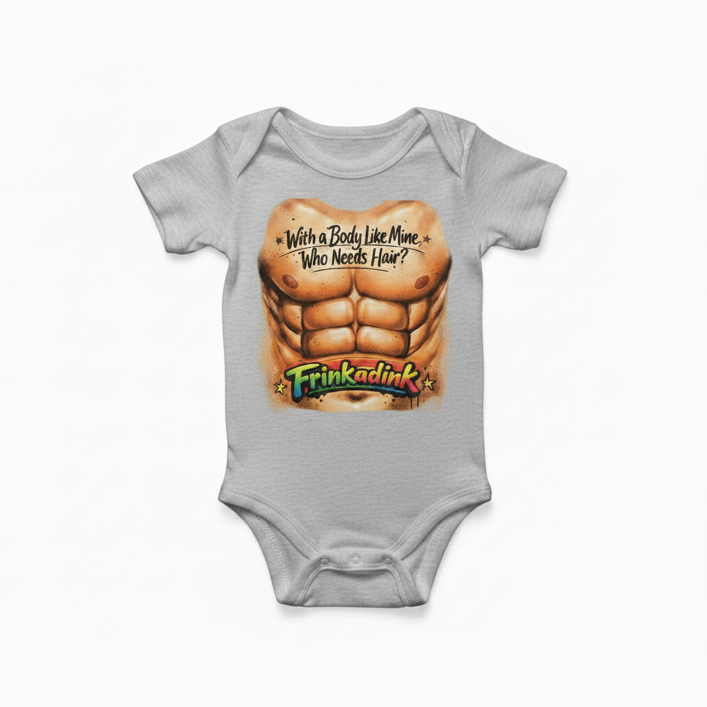 A gray short-sleeve baby bodysuit featuring a graphic print of a muscular torso with the text 'With a Body Like Mine Who Needs Hair?' and the brand name 'Frinkadink' in colorful lettering.