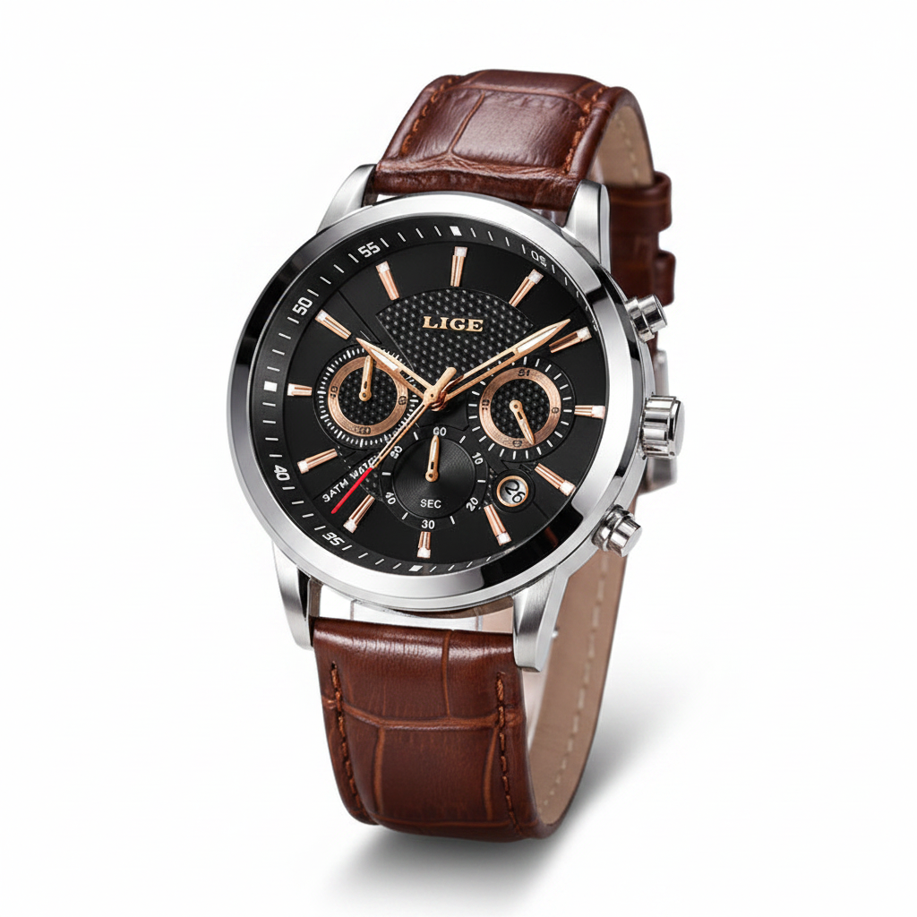 A LIGE men's chronograph watch featuring a black textured dial with rose gold-tone hands and markers, a silver-tone case, and a brown leather strap.