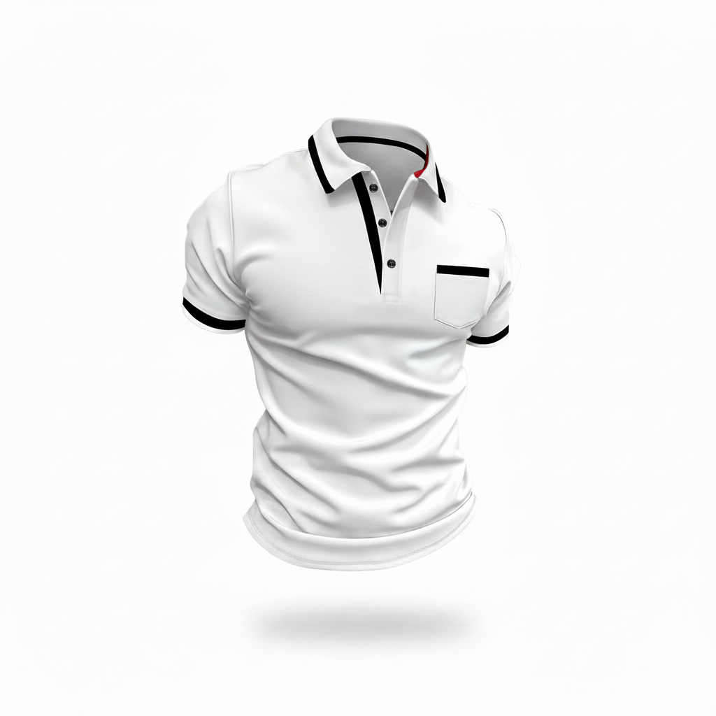 A white short-sleeve polo shirt with black trim on the collar, placket, and sleeve cuffs, plus a black chest pocket, shown floating against a plain white background.