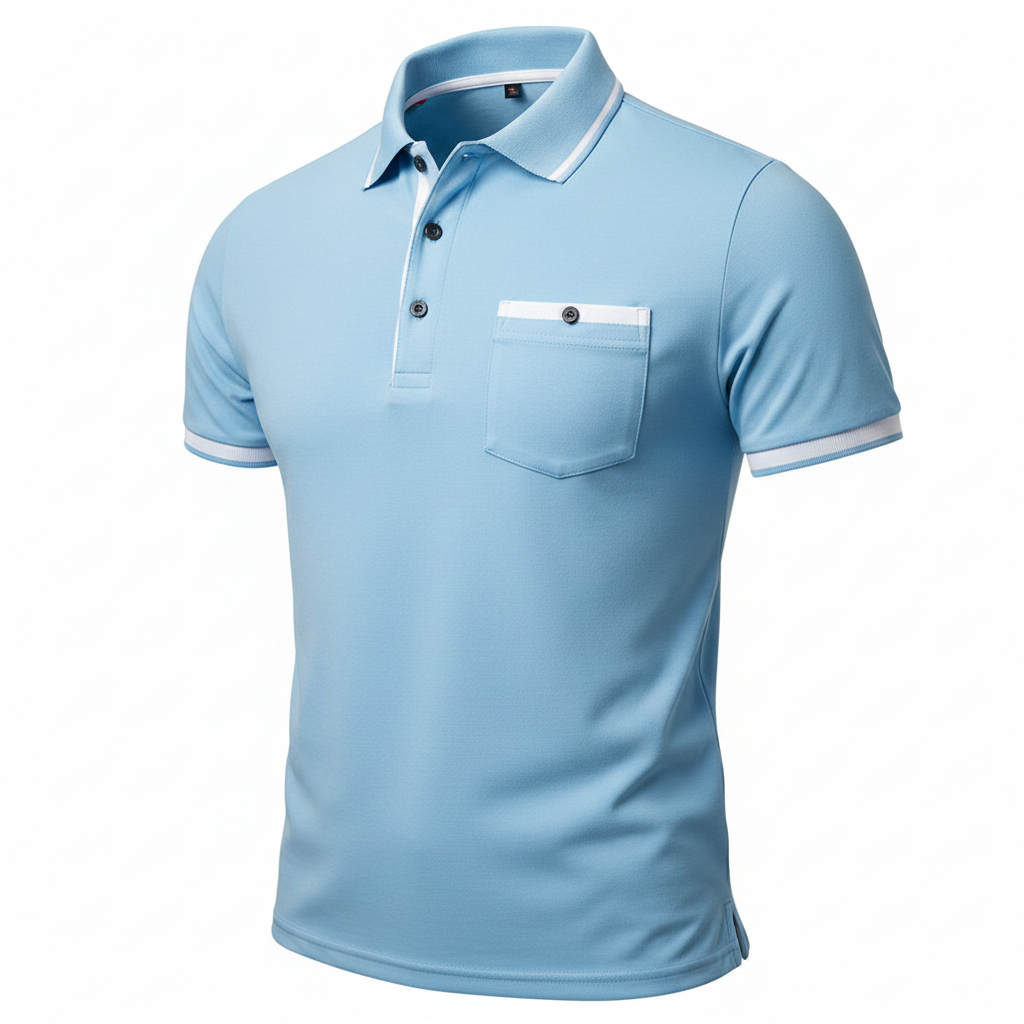 A light blue short-sleeve polo shirt with white contrast trim on the collar, sleeve cuffs, and chest pocket, shown on a clean white background.