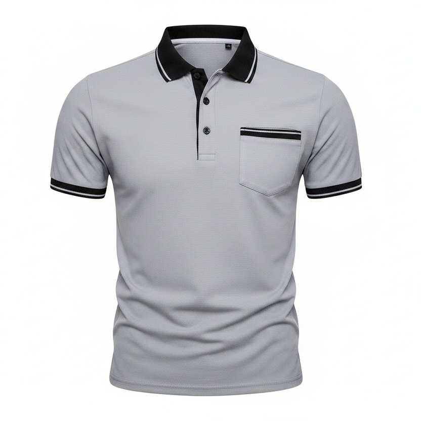 A light gray short-sleeve polo shirt with a black collar, black buttons, and black stripe detailing on the sleeve cuffs and chest pocket, shown against a plain white background.