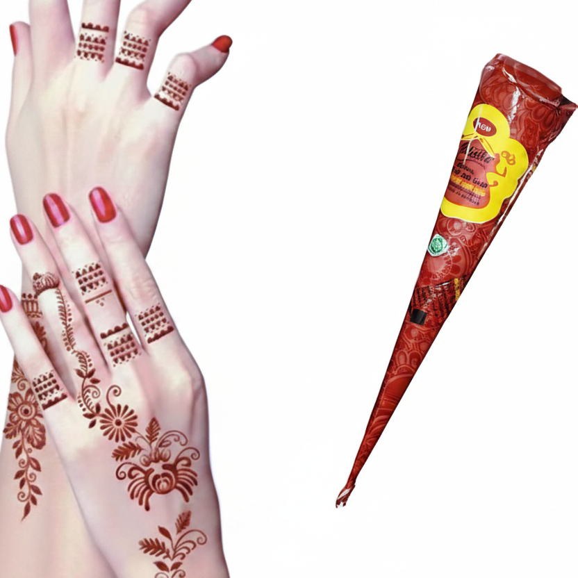 A red henna cone package shown next to a hand with decorative henna applied, on a plain white background.