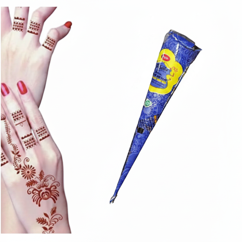 A pair of hands decorated with brown henna, shown alongside a blue cone-shaped package of henna paste on a plain white background.