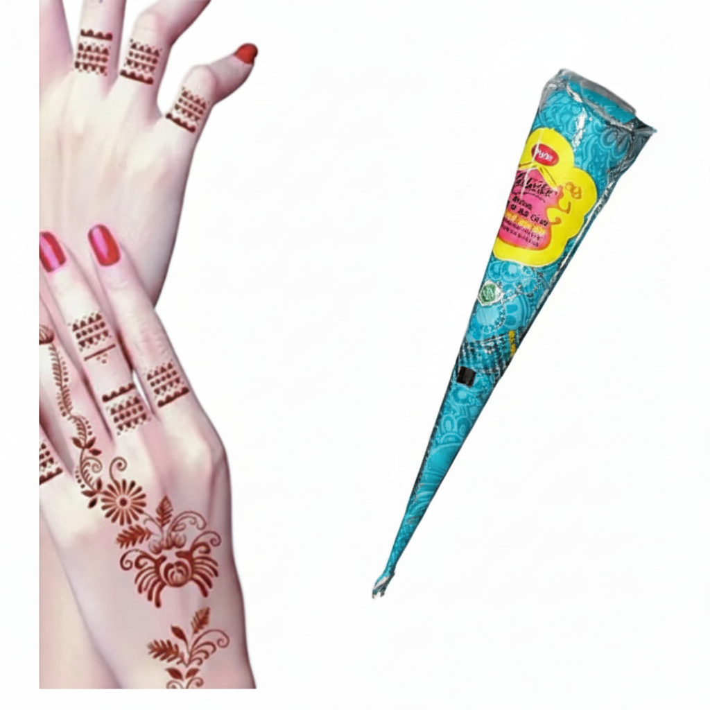 A split image showing a hand with brown henna designs on the left and a blue cone-shaped henna packaging bag on the right, isolated on a white background.