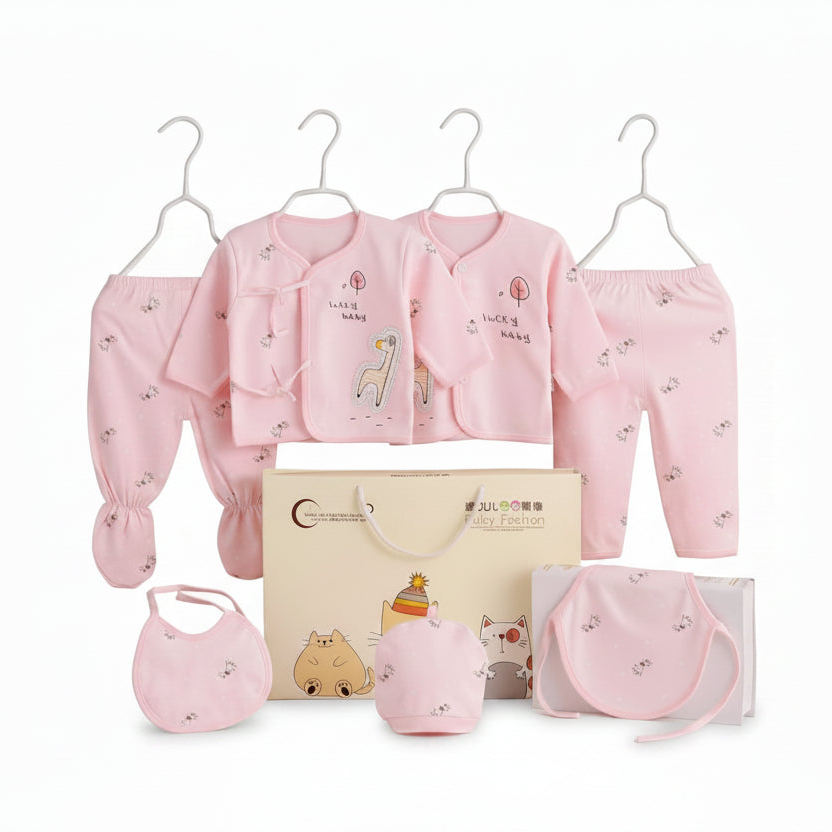 A baby clothing gift set in light pink, featuring a matching top and pants set with cartoon prints, a bib, a hat, a pouch, and a storage bag, all arranged on white hangers and a beige gift box against a white background.