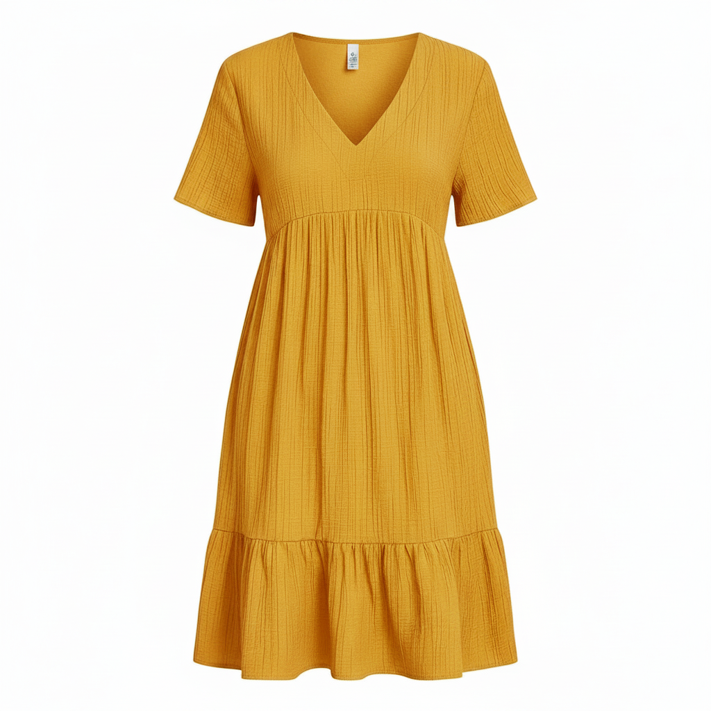 A short-sleeve V-neck midi dress in a textured crinkle fabric, featuring a gathered waist and a ruffled hem, in a dusty terracotta pink color.