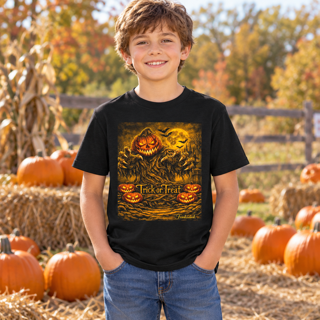 Boy wearing the jack-o’-lantern Trick or Treat youth tee