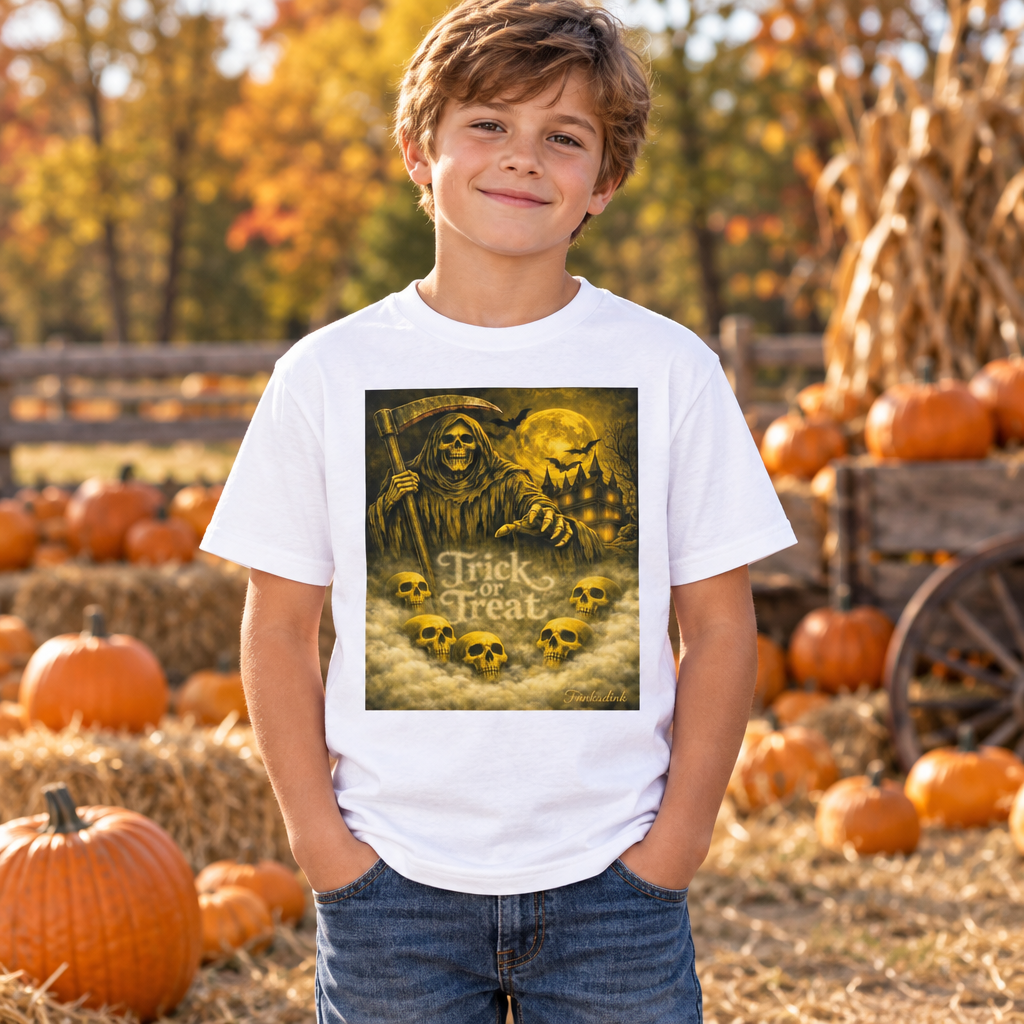 Boy wearing the white youth Grim Reaper Trick or Treat tee