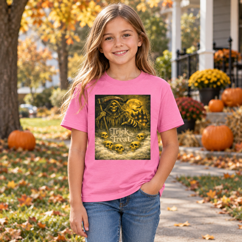 Girl wearing the Azalea youth Grim Reaper Trick or Treat tee