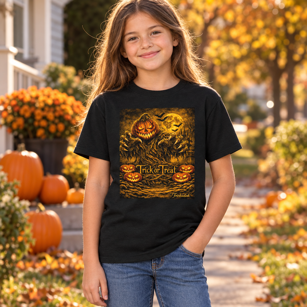 Girl wearing the jack-o’-lantern Trick or Treat youth tee