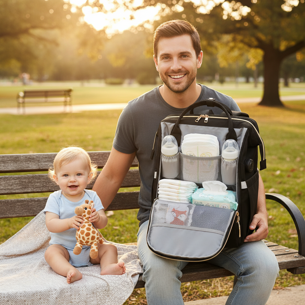 Dad with open diaper bag showing organized compartments on park bench
