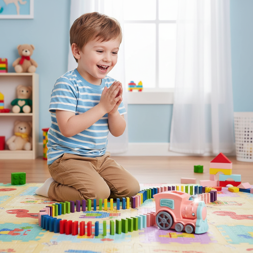 Boy watching domino dash train lay colorful dominoes on playroom floor