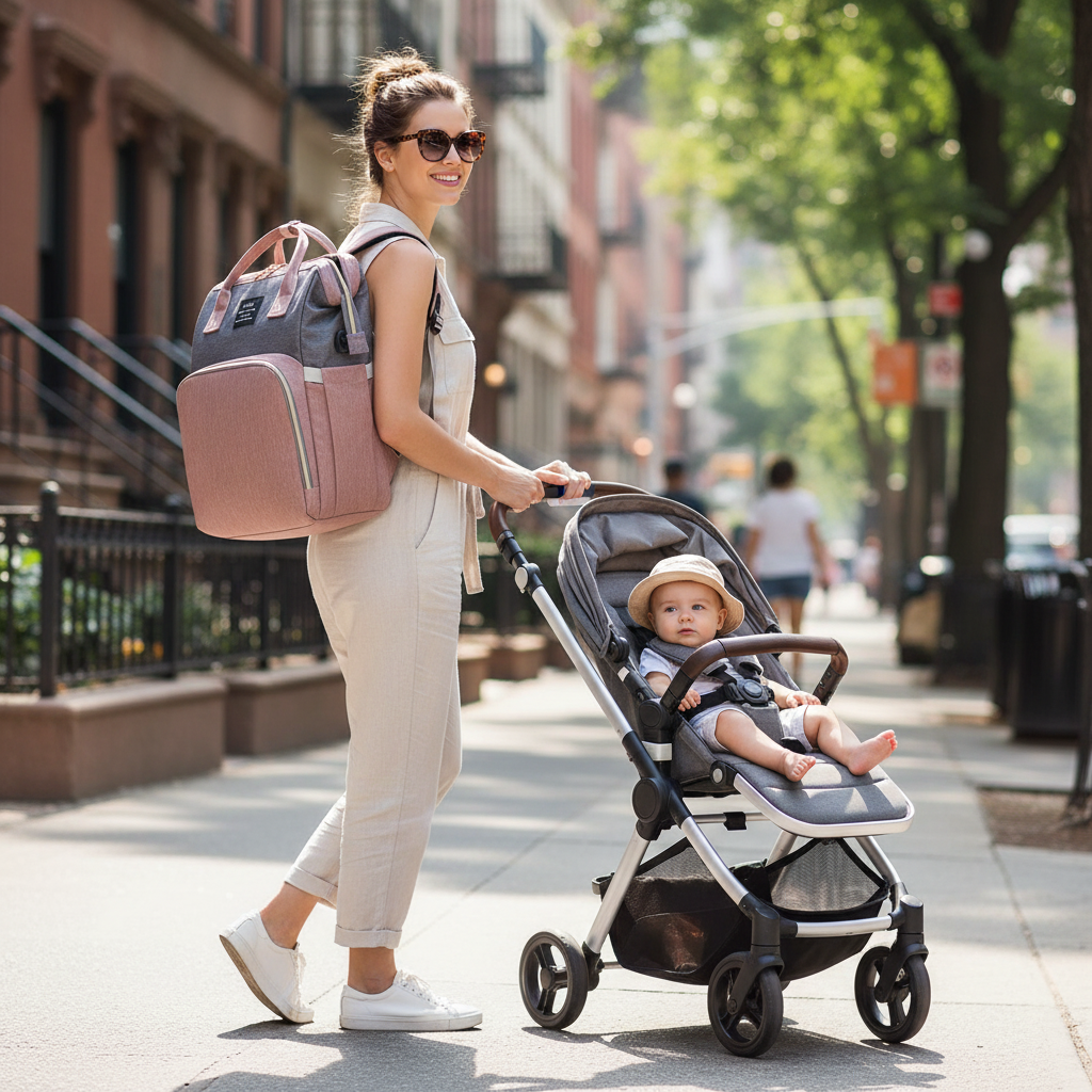 Mom wearing gray diaper backpack while pushing stroller on city street