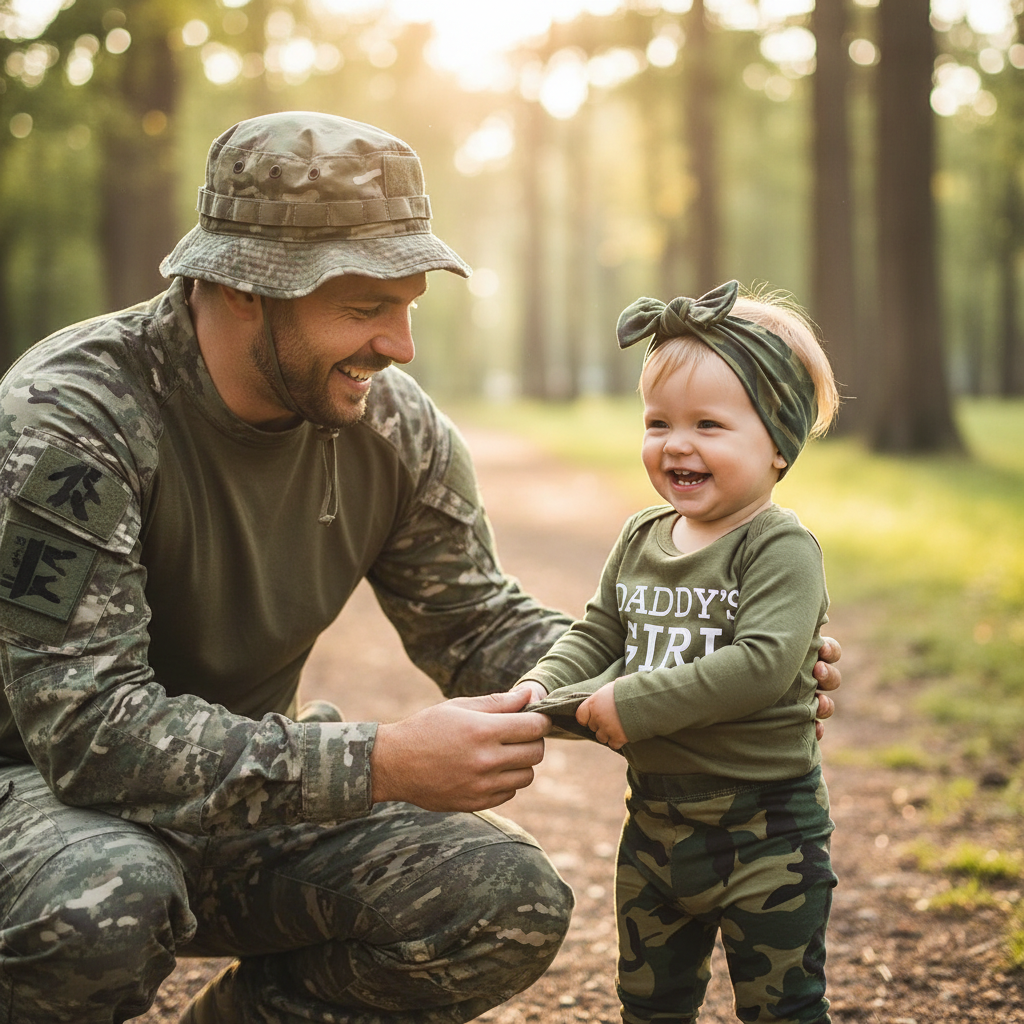 Dad and toddler daughter in matching camo outfits outdoors