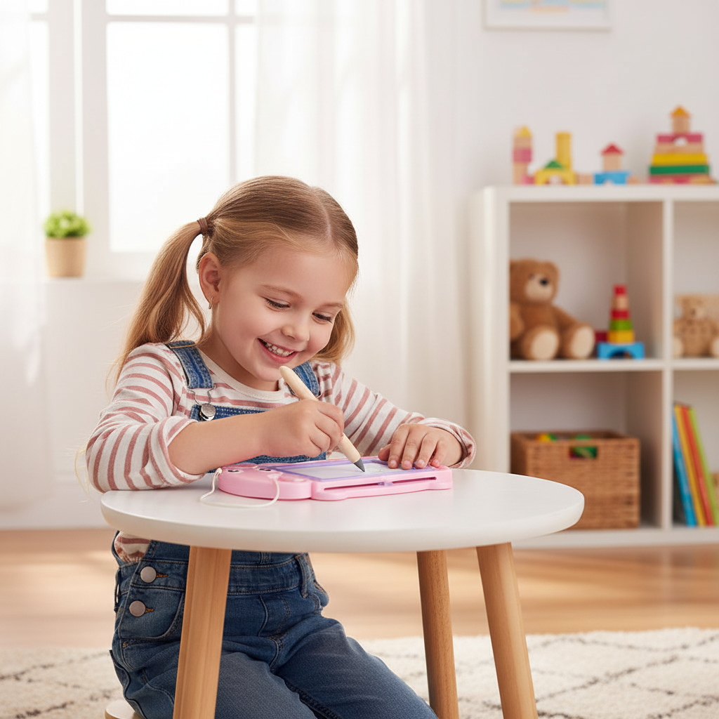 Girl drawing on pink elephant magnetic doodle board
