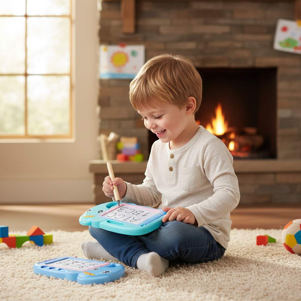 Boy drawing letters on blue elephant magnetic doodle board
