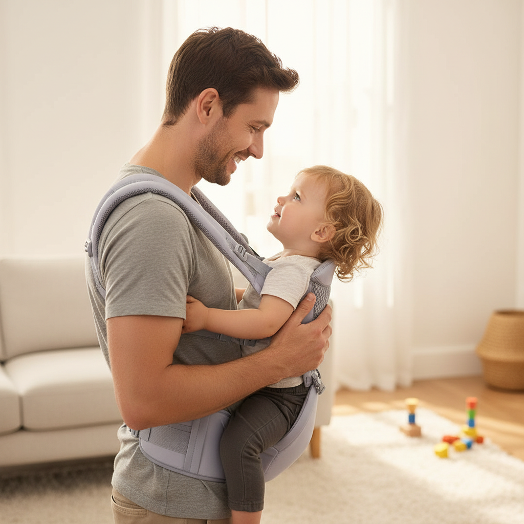 Dad wearing gray baby carrier with toddler in hip-carry position