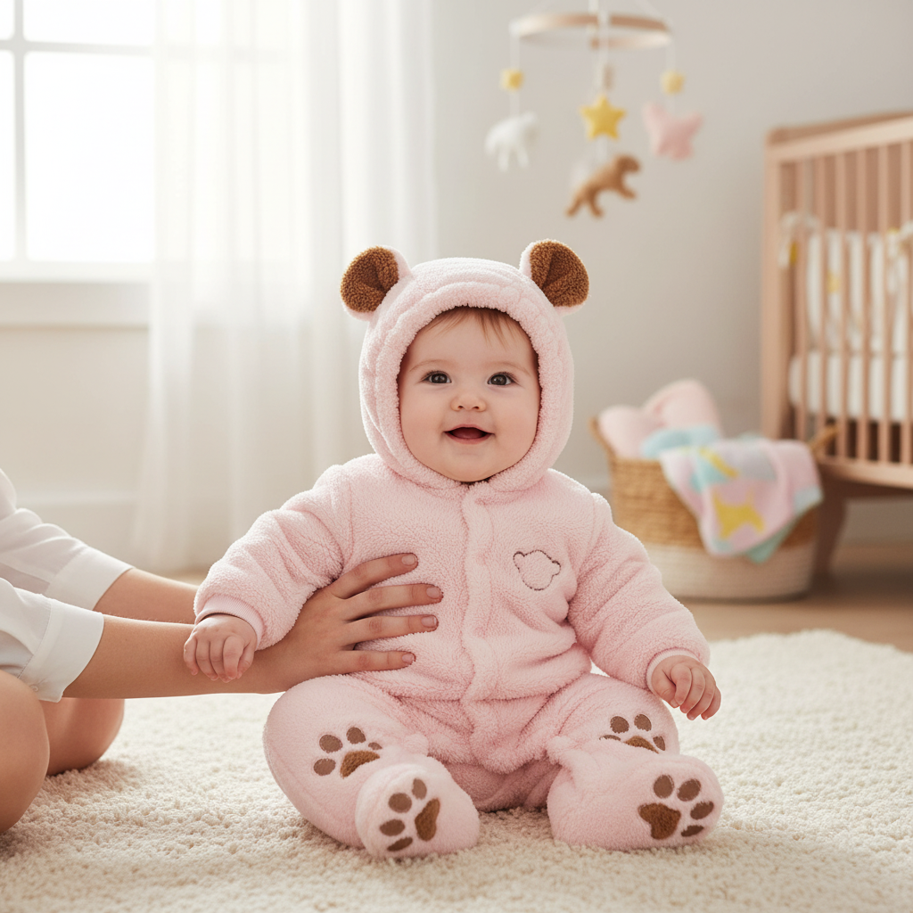 Baby wearing pink quilted bear hooded onesie in nursery