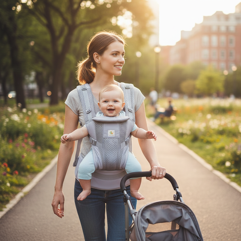 Mom wearing gray baby carrier with baby in front-carry position outdoors