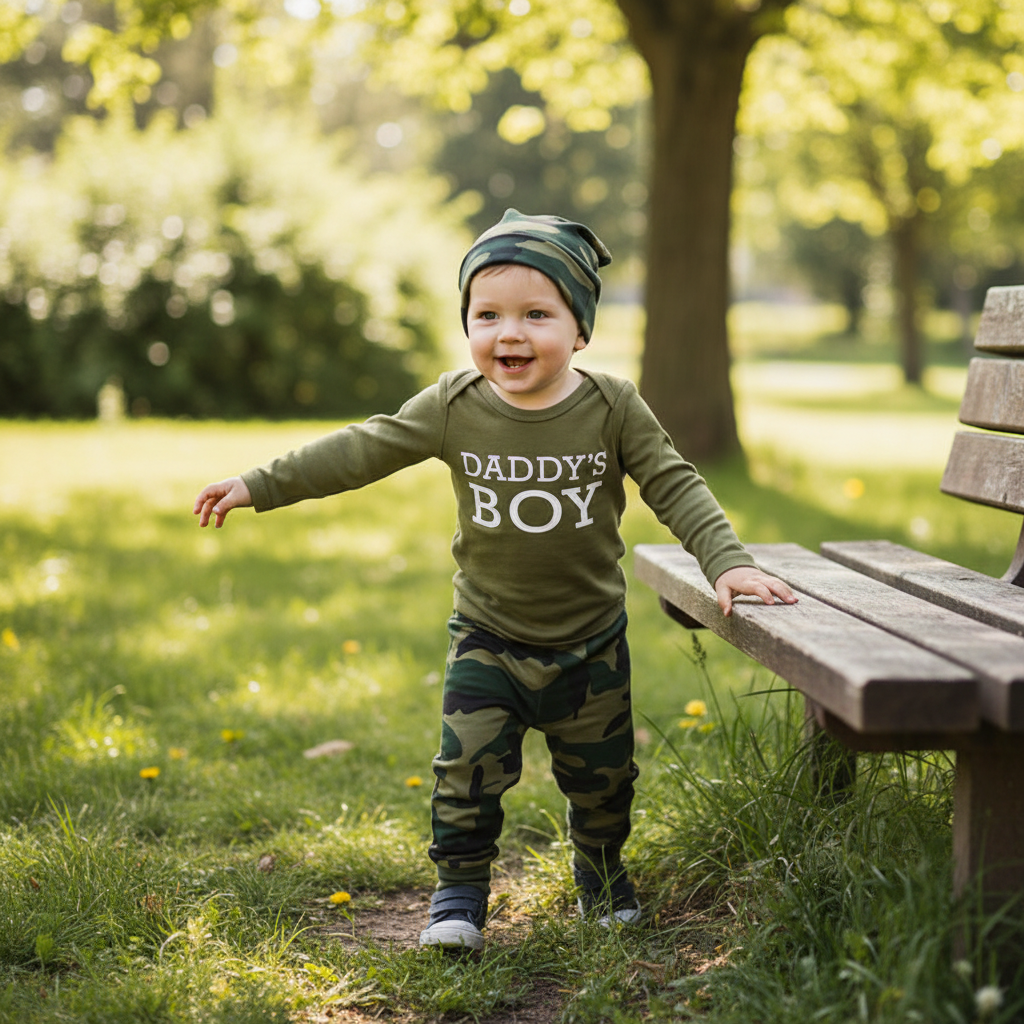 Toddler boy wearing green camo 3-piece set playing outdoors