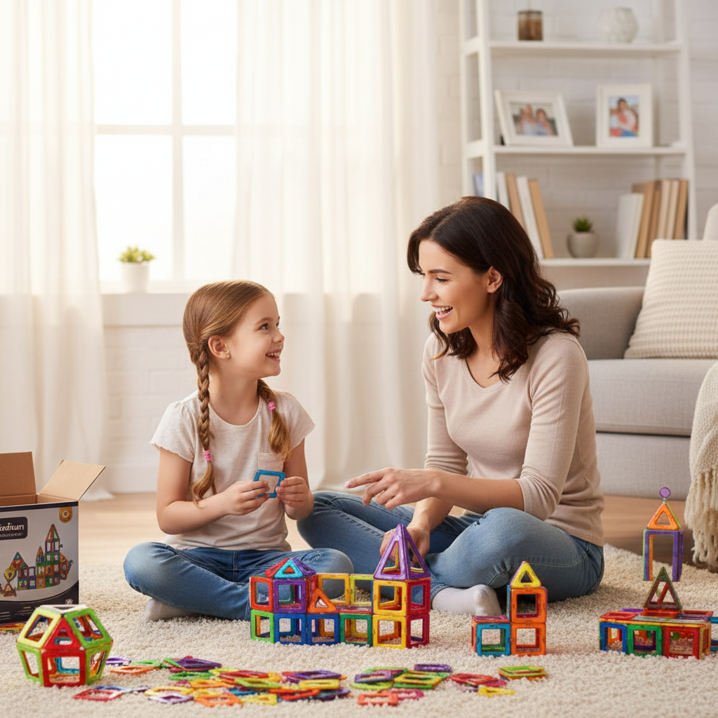 Girl and mom building colorful magnetic tile house together
