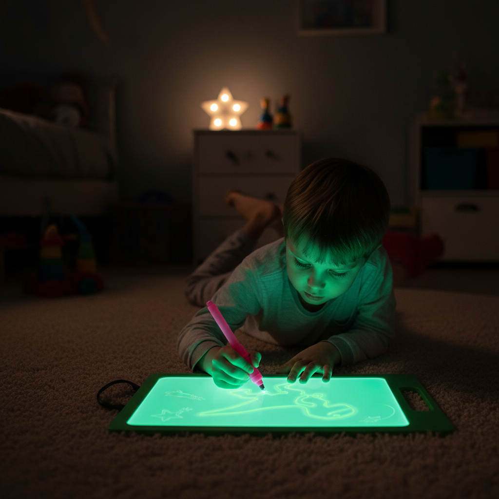 Boy drawing glowing dinosaur on light-accumulating drawing board in dark room