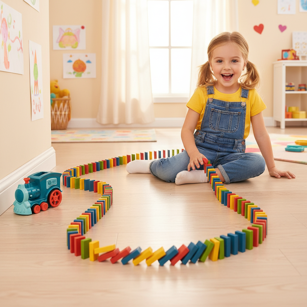Girl knocking over colorful domino chain laid by toy train