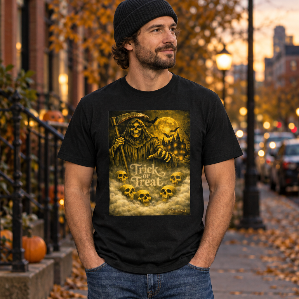 Man wearing the Grim Reaper Trick or Treat T-shirt