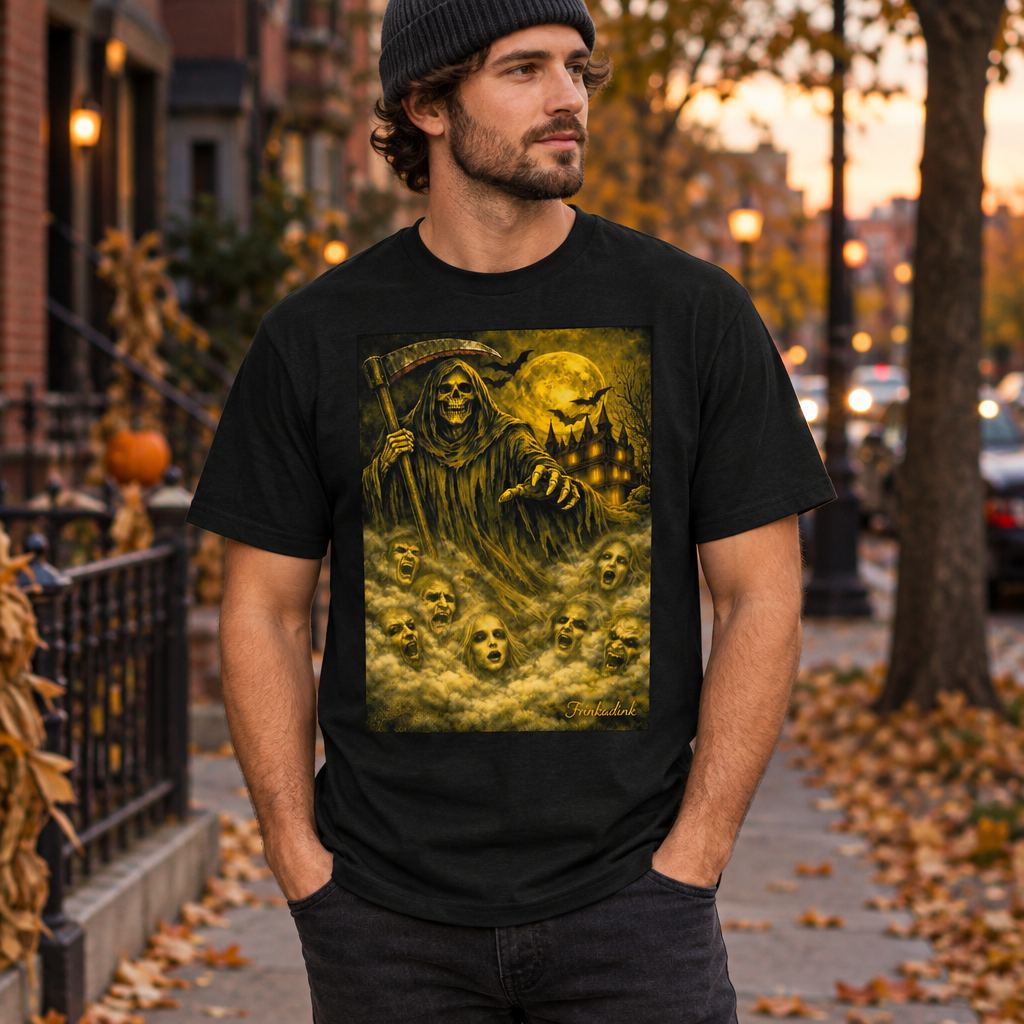 Man wearing the Haunted Moon Grim Reaper tee
