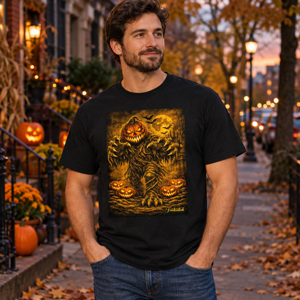 Man wearing the jack-o’-lantern Halloween tee