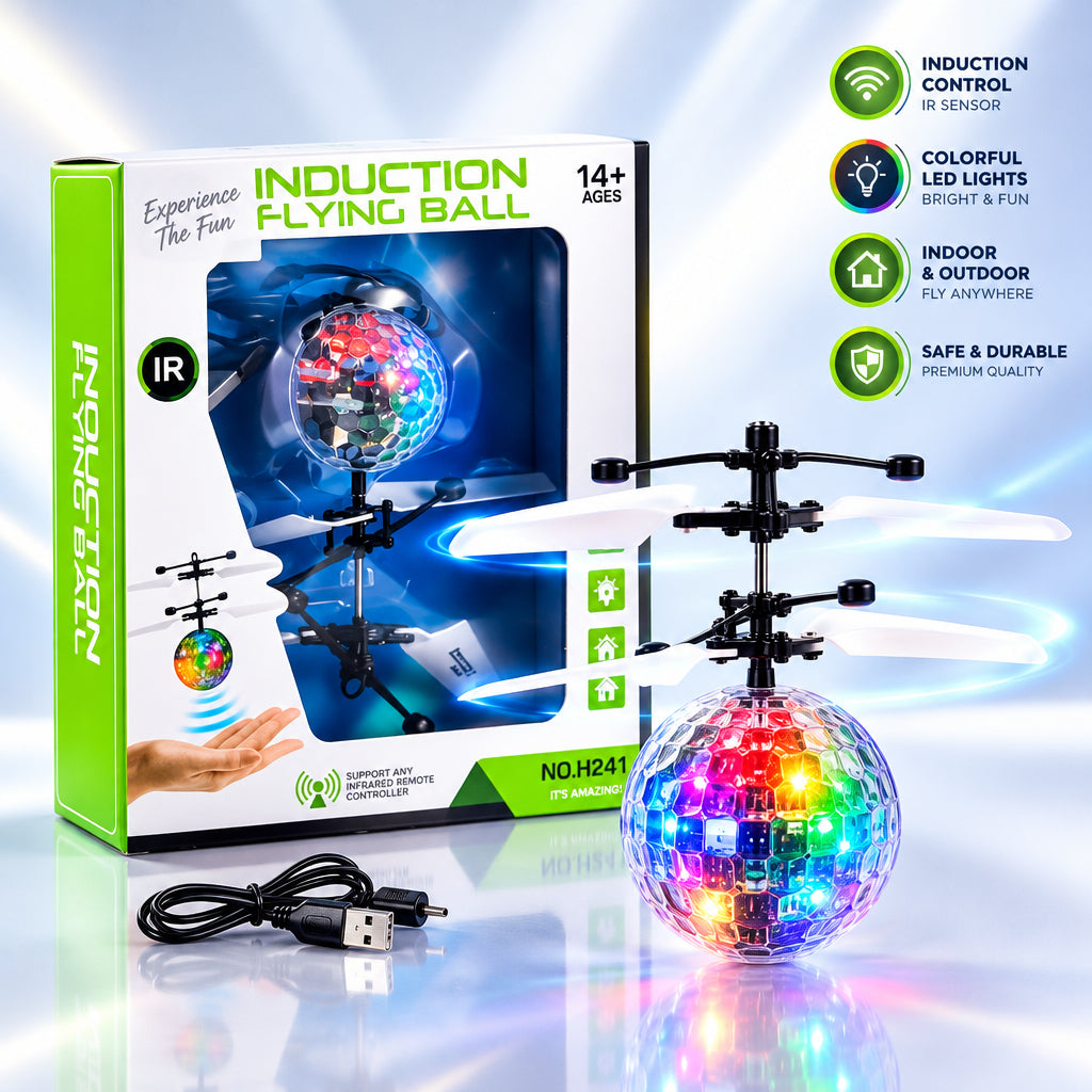 Box of induction flying ball toy with hand illustration on a white background