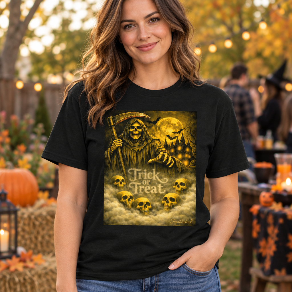 Woman wearing the Grim Reaper Trick or Treat T-shirt